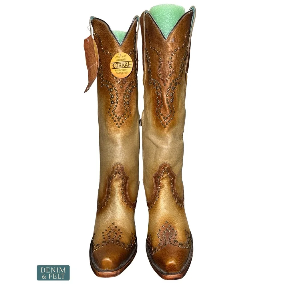 NEW Corral Metallic Bronze Studded Western Tall Cowboy‎ Boots Rodeo Glam 7.5M